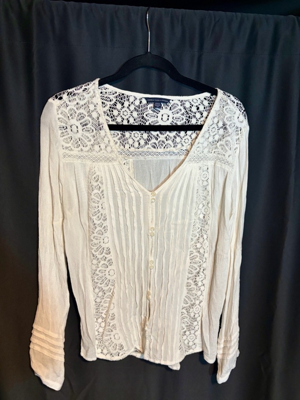 American Eagle Outfitters Ivory Lace-Trim Button-Front Blouse
